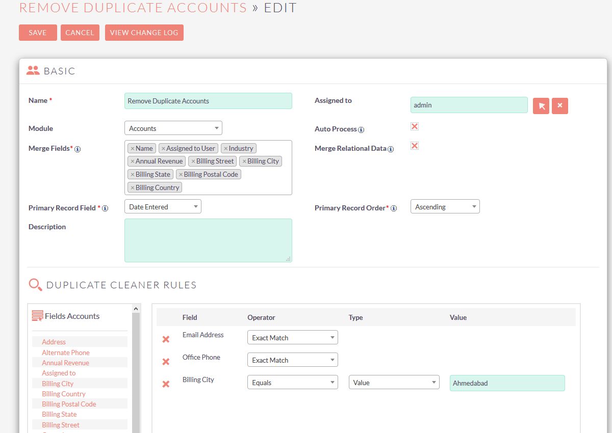 Duplicate Cleaner select module and fields on which duplication check will be perform.