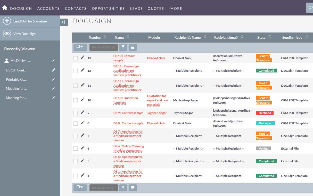 DocuSign SuiteCRM listview