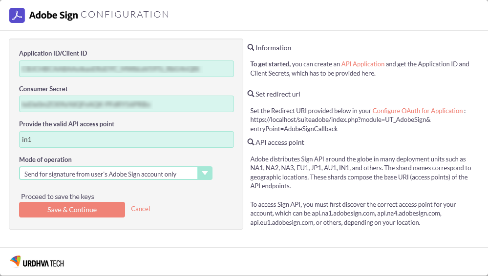 Adobe Sign SuiteCRM admin configuration