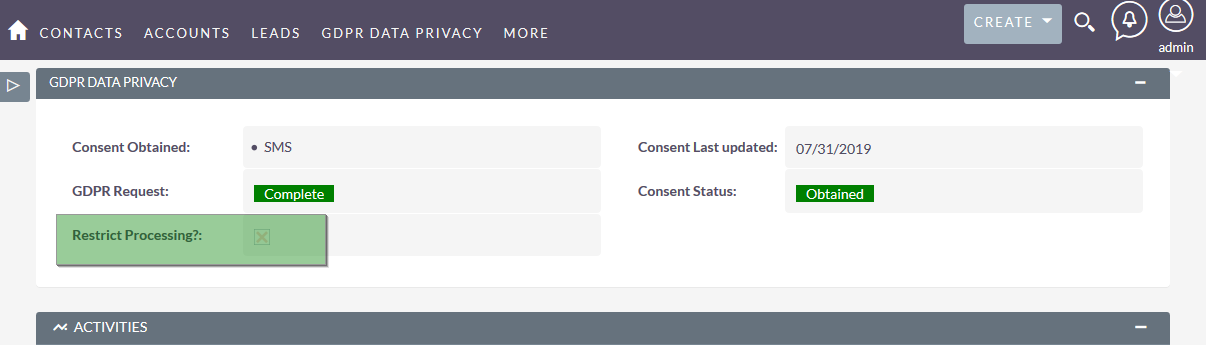 SuiteCRM GDPR Right to restrict processing