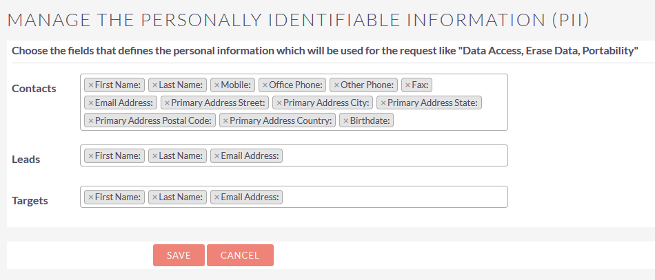 SuiteCRM GDPR Personally Identifiable information