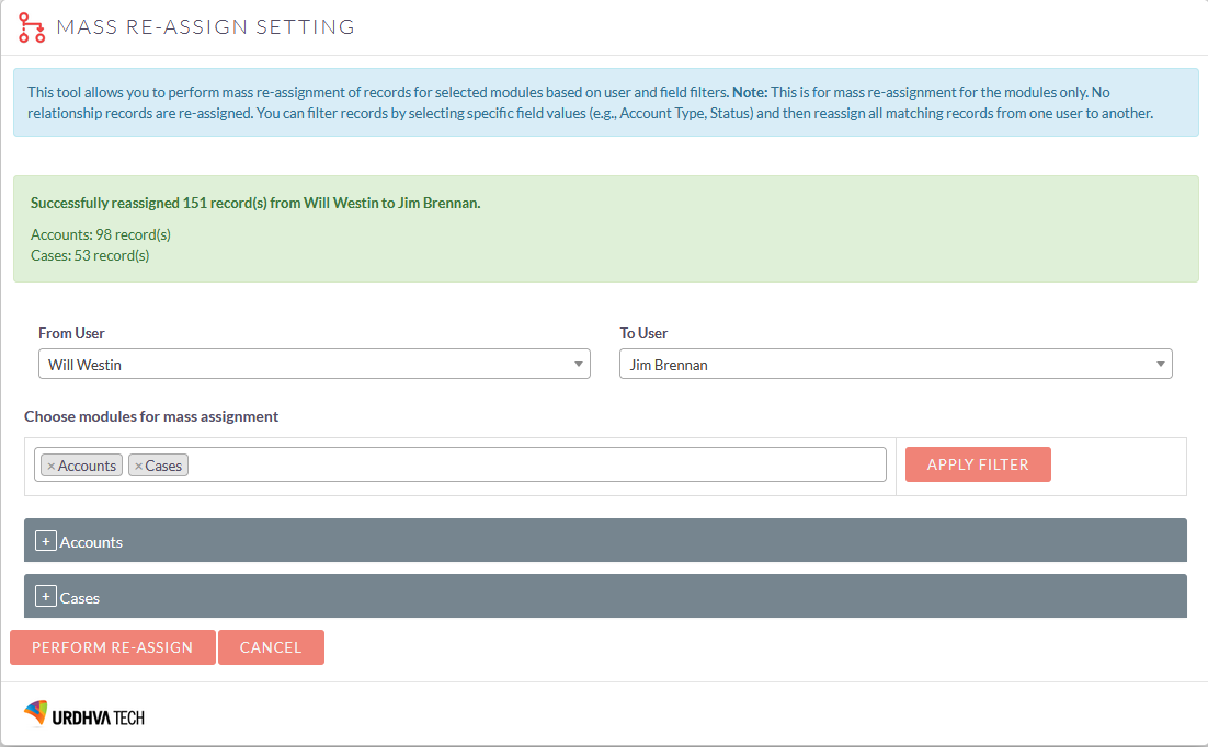 SuiteCRM Mass-Reassign result SuiteCRM Mass-Reassign result