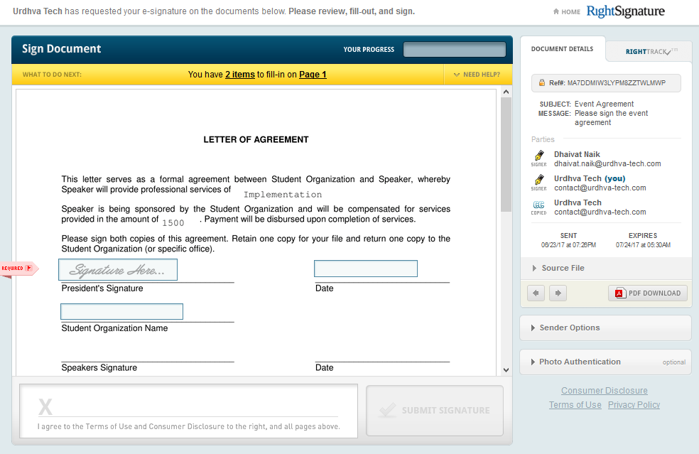 RightSignature SuiteCRM agreement