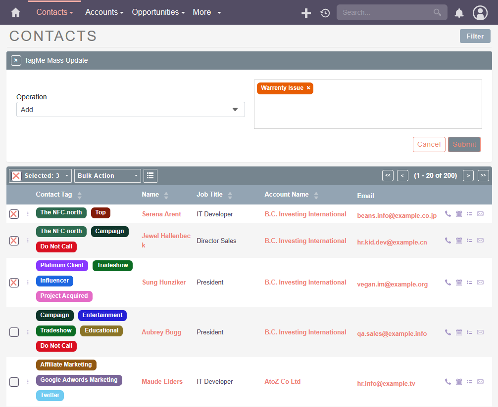 SuiteCRM tag management global search Mass update tags in suiteCRM